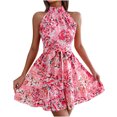 thumbnail image 1 of Summer Saving Wycnly Sundresses for Women Sleeveless Halter Floral Mini Dresses Tie Waist Flowy Ruffle Swing Boho Beach Summer Dress Pink Up to 65% off, 1 of 7