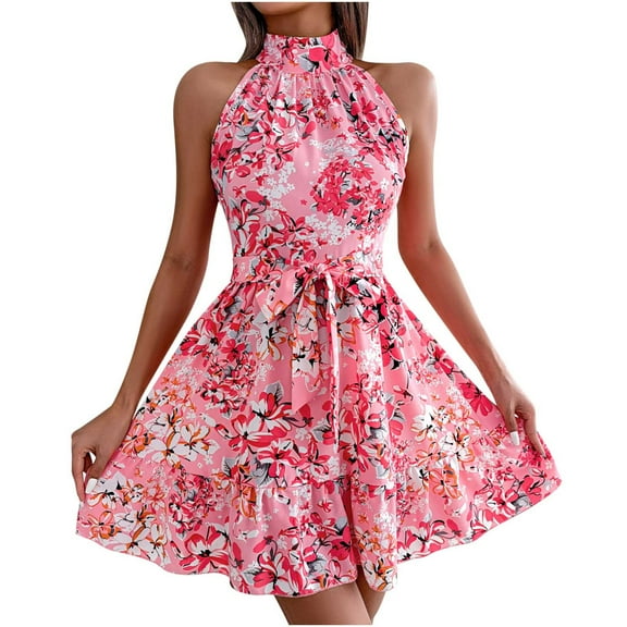 Summer Saving Wycnly Sundresses for Women Sleeveless Halter Floral Mini Dresses Tie Waist Flowy Ruffle Swing Boho Beach Summer Dress Pink Up to 65% off
