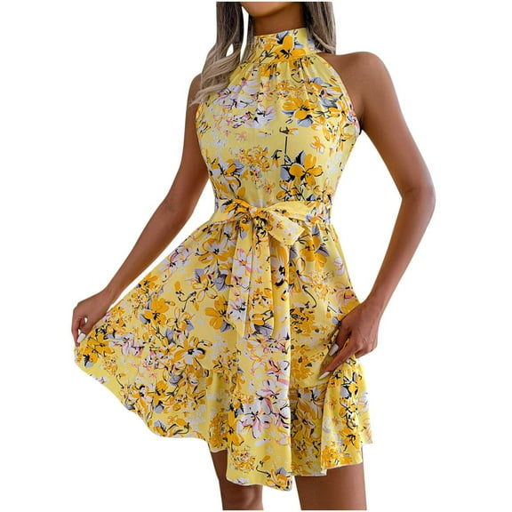 Summer Saving Wycnly Sundresses for Women Sleeveless Halter Floral Mini Dresses Tie Waist Flowy Ruffle Swing Boho Beach Summer Dress Yellow Up to 65% off
