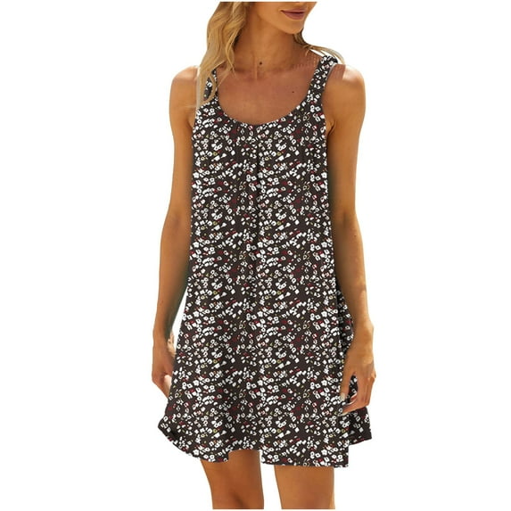 Summer Saving Wycnly Sundresses for Women Sleeveless Round Neck Leaves Print Mini Dresses Loose Flowy Swing Casual T Shirt Tank Summer Dress Dark Gray Up to 65% off