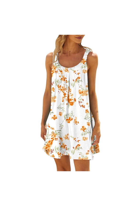 Summer Saving Wycnly Sundresses for Women Sleeveless Round Neck Leaves Print Mini Dresses Loose Flowy Swing Casual T Shirt Tank Summer Dress White Up to 65% off