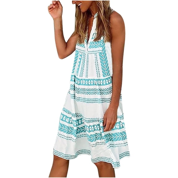 Summer Saving Wycnly Sundresses for Women Sleeveless V-Neck Geometric Print Knee-Length Dresses Loose Ruffle Hem Plus Size Vintage Midi Summer Dress Green Up to 65% off