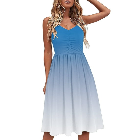 Summer Saving Wycnly Sundresses for Women Sleeveless V-Neck Gradient Print Knee-Length Dresses Beach Vacation Flowy Swing Spaghetti Strap Summer Dress Blue Up to 65% off