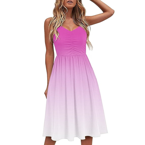 Summer Saving Wycnly Sundresses for Women Sleeveless V-Neck Gradient Print Knee-Length Dresses Beach Vacation Flowy Swing Spaghetti Strap Summer Dress Pink Up to 65% off