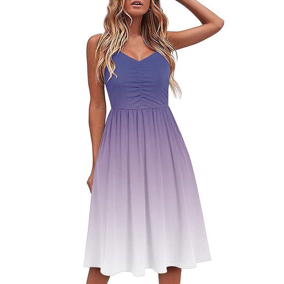 Summer Saving Wycnly Sundresses for Women Sleeveless V-Neck Gradient Print Knee-Length Dresses Beach Vacation Flowy Swing Spaghetti Strap Summer Dress Purple Up to 65% off