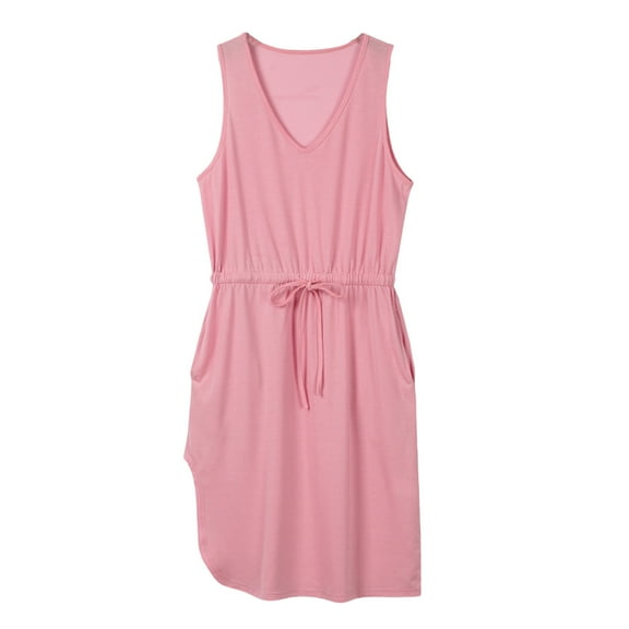 Summer Saving Wycnly Sundresses for Women Sleeveless V-Neck Solid Knee-Length Dresses with Pocket Casual Elastic Waist Midi Summer Dress Pink Up to 65% off