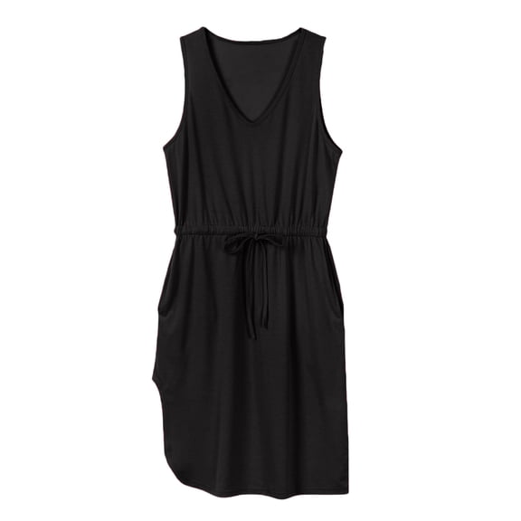Summer Saving Wycnly Sundresses for Women Sleeveless V-Neck Solid Knee-Length Dresses with Pocket Casual Elastic Waist Midi Summer Dress Black Up to 65% off
