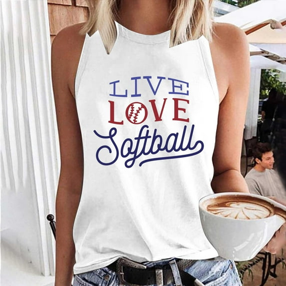Summer Saving Wycnly Tank Top for Women Baseball Letter Print Crewneck Sleeveless T Shirts Summer Fashion Graphics Loose Fit Racerback Tank Tops Blue XL Clearance Clothes