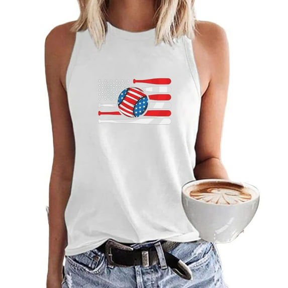 Summer Saving Wycnly Tank Top for Women Baseball US Flag Print Crewneck Sleeveless T Shirts 4th July Independence Day Loose Fit Racerback Tank Tops White S Clothes