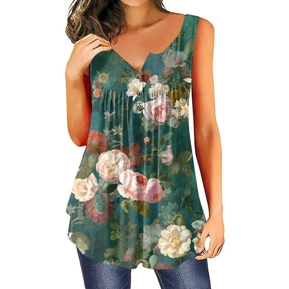 Summer Saving Wycnly Tank Top for Women Floral Round Neck Sleeveless T Shirts Button Down Loose Flowy Pleated Swing Vest Tunic Green XXL Up to 65% off