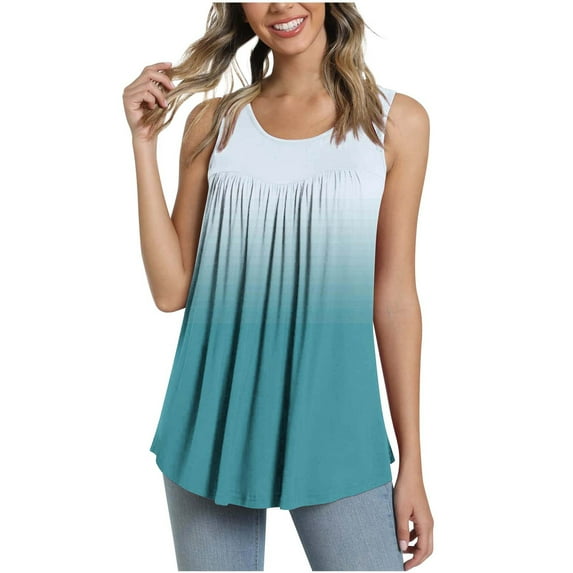 Summer Saving Wycnly Tank Top for Women Gradient Round Neck Sleeveless T Shirts Loose Flowy Pleated Swing Vest Tunic Blouse Light Blue S Up to 65% off