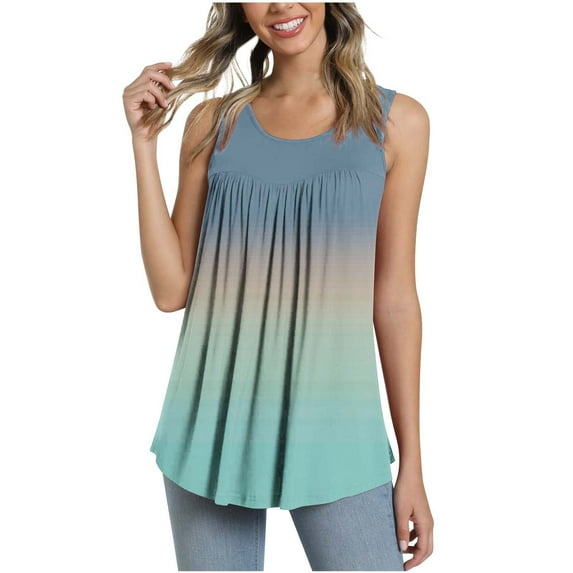 Summer Saving Wycnly Womens Tank Tops Gradient Round Neck Sleeveless Shirts Loose Flowy Pleated Swing Vest Tunic Blouse Sky Blue XXXL Up to 65% off