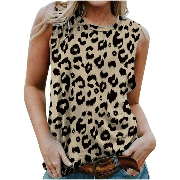 Summer Saving Wycnly Tank Top for Women Leopard Print Round Neck Sleeveless T Shirts Plus Size Casual Summer Racerback Vest Blouse Khaki L Up to 65% off