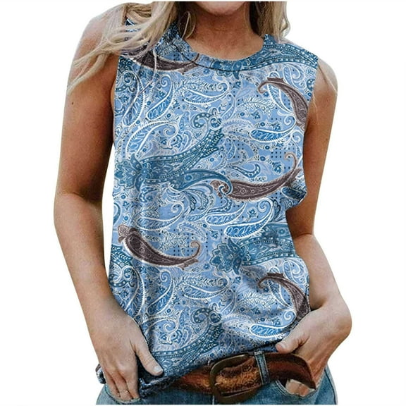Summer Saving Wycnly Tank Top for Women Leopard Print Round Neck Sleeveless T Shirts Plus Size Casual Summer Racerback Vest Blouse Light Blue XXL Up to 65% off