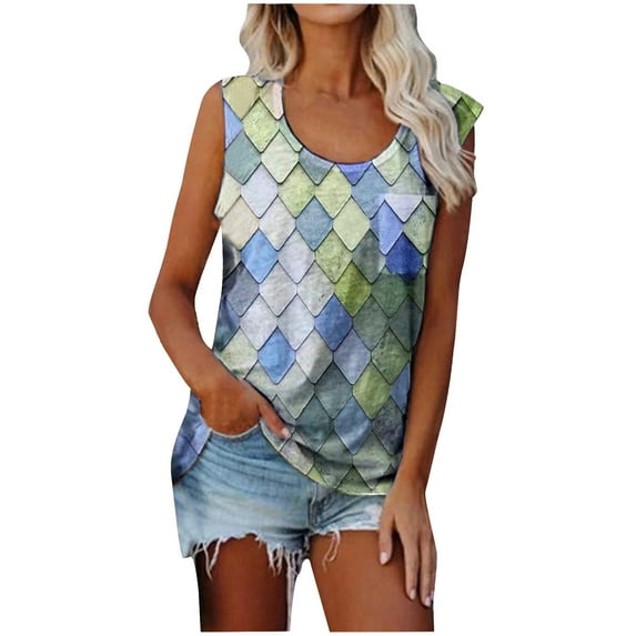 Summer Saving Wycnly Tank Top for Women Rhombus Print Round Neck Sleeveless T Shirts Lightweight Comfy Loose Casual Ladies Vest Blouse Green XXL Up to 65% off