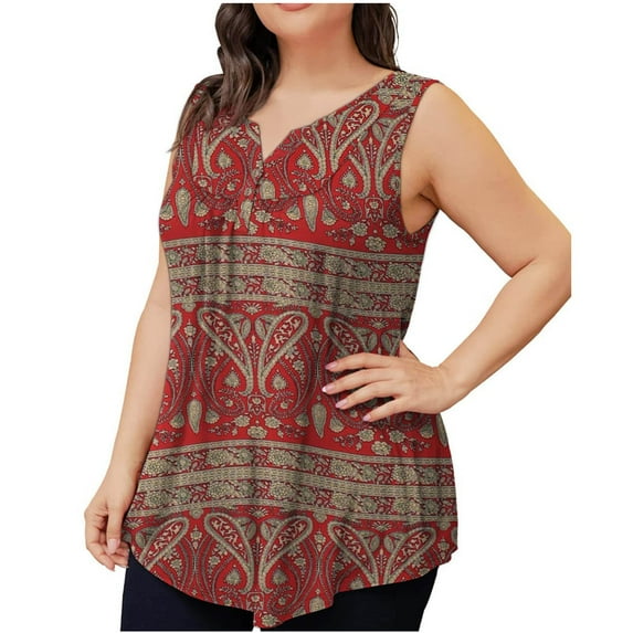 Summer Saving Wycnly Tank Top for Women Western Print V-Neck Sleeveless T Shirts Button Down Plus Size Casual Tunic Vest Blouse Red XXXXXL Up to 65% off