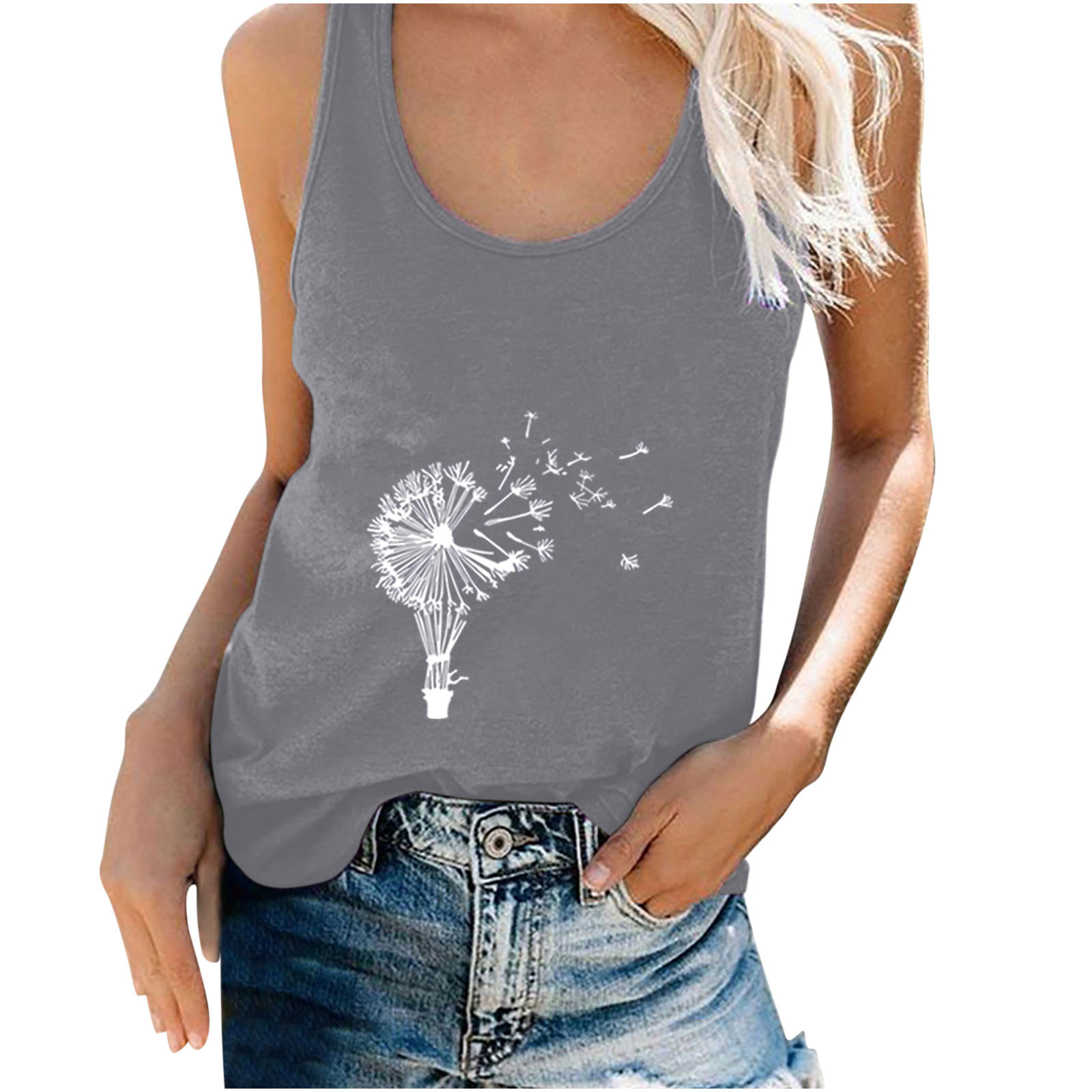 Summer Saving Wycnly Tank Top for Women Daisy Print Round Neck ...