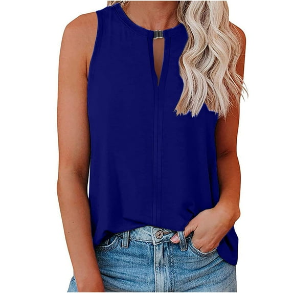 Summer Saving Wycnly Tank Top for Women Solid Round Neck Sleeveless T Shirts Comfy Loose Hollowed Racerback Tank Blouse Blue M Up to 65% off