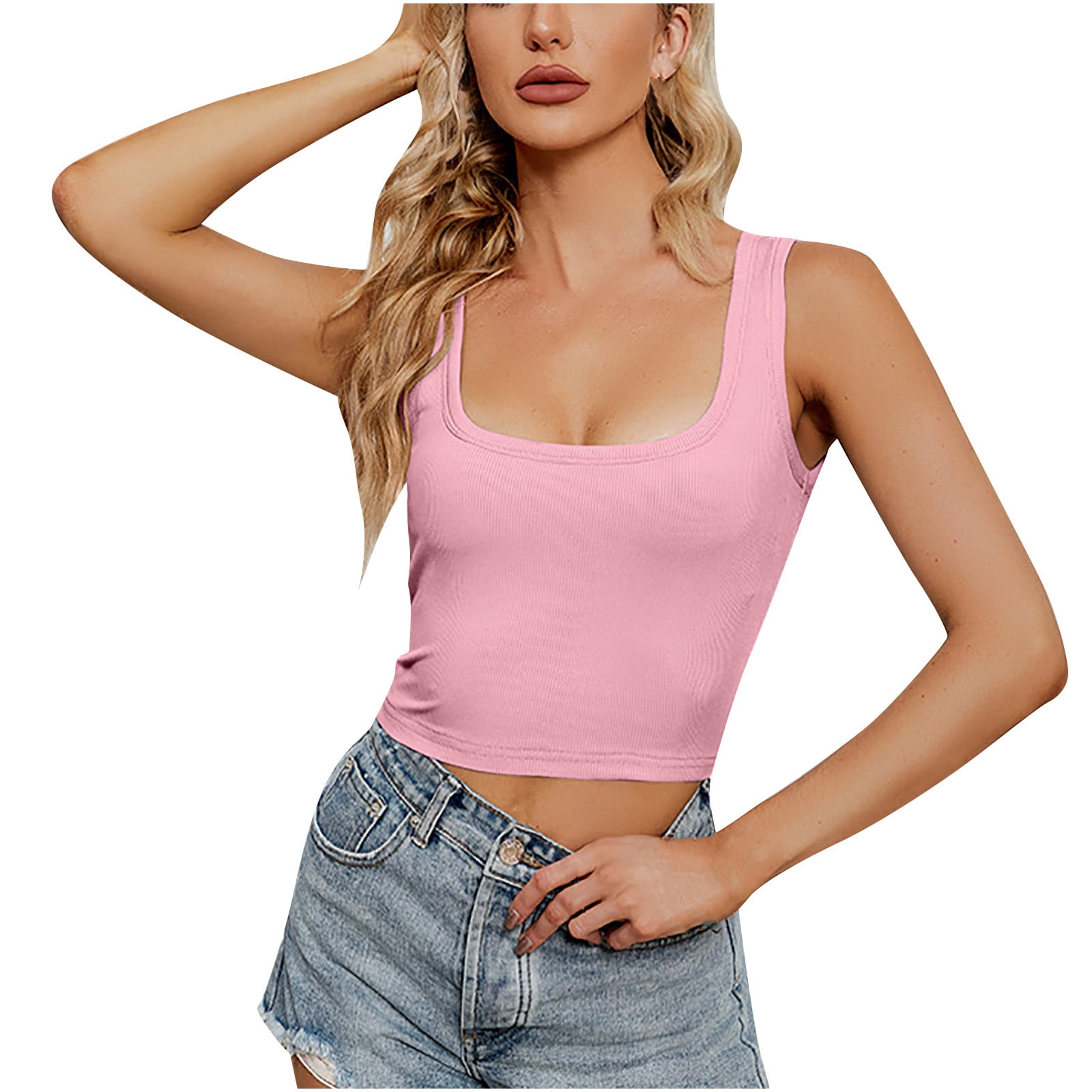 Summer Saving Wycnly Womens Tank Tops Solid Square Neck Sleeveless Shirts  Slim Fit Knitted Ribbed Workout Cropped Tank Tops Khaki L Up to 65% off