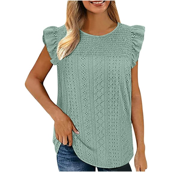 Summer Saving Wycnly Tank Tops Solid Round Neck Sleeveless T Shirts for Women Fashion Ruffle Layer Hollowed Tunic Vest Blouses Green XXXL Clearance Clothes