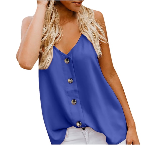 Summer Saving Wycnly Tank Tops for Women Casual Button Down Loose Fit Spaghetti Strap Tops Camisole Tank Summer Solid V-Neck Sleeveless Shirts Fashion Blouses Blue l