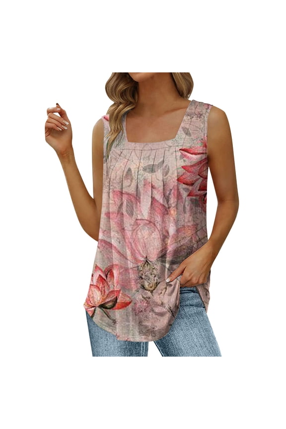 Summer Saving Wycnly Tank Tops for Women Lightweight Loose Fit Pleated Swing Tunic Tops Summer Floral Print Square Neck Sleeveless Shirts Fashion Blouses Pink XXL