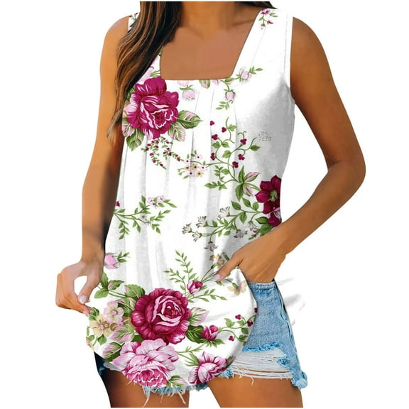 Summer Saving Wycnly Tank Tops for Women Trendy Pleated Swing Breathable Comfy Tunic Tank Tops Summer Flowers Print Square Neck Sleeveless Shirts Fashion Blouses White XXL