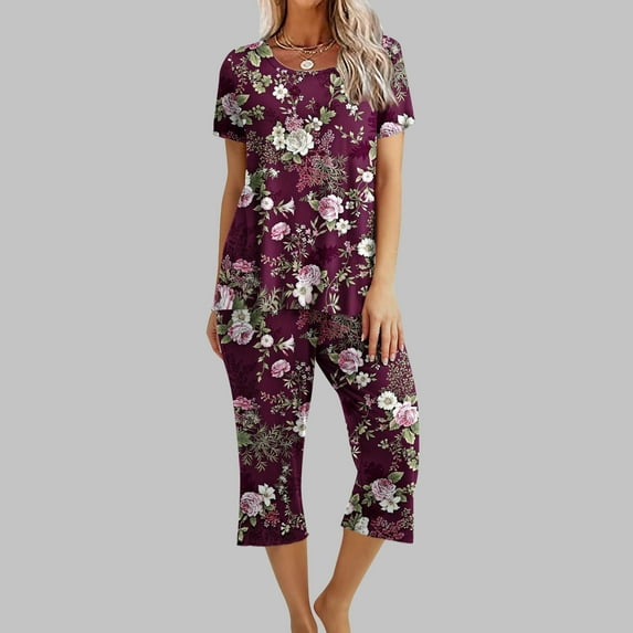 Summer Saving Wycnly Womens 2 Piece Pajamas Vintage Floral Print Sleepwear Outfits Set Short Sleeve Top Capris Pants Homewear Lounge Sets under $5