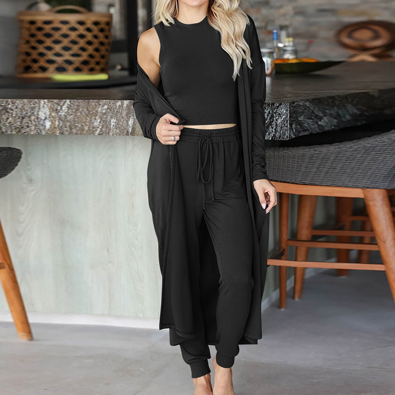 Woman Knitted 3 Pieces Set, Fall Solid Casual Loose Cardigan Tank Top, outlets Winter Homewear Long Pant Tracksuit, Y2k Oversized Plus Size Clothes