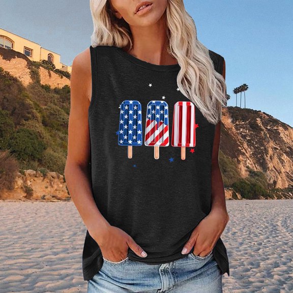 Summer Saving Wycnly Womens 4th of July Tank Tops Comfy Loose Fit Patriotic Independence Day Shirts Vest Summer Fashion Popsicle Flag Print Round Neck Sleeveless Blouse Black xxl