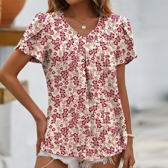 Wycnly Womens Blouses and Tops Dressy Beach Boho Fashion Petal Sleeve Pleated Hem Loose Lightweight Tunic Shirts Summer Floral Print V-Neck Short Sleeve Cute Tees Tops Pink l