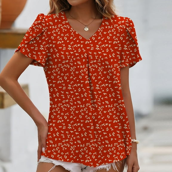 Wycnly Womens Blouses and Tops Dressy Beach Boho Fashion Petal Sleeve Pleated Hem Loose Lightweight Tunic Shirts Summer Floral Print V-Neck Short Sleeve Cute Tees Tops Red m
