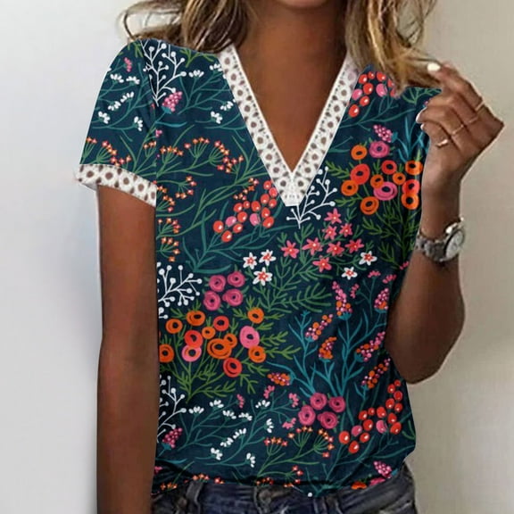 Wycnly Womens Blouses and Tops Dressy Beach Fashion Lace Patchwork Loose Fit Lightweight Comfy Tshirts Summer Floral Print V-Neck Short Sleeve Cute Tees Tops Green XXL