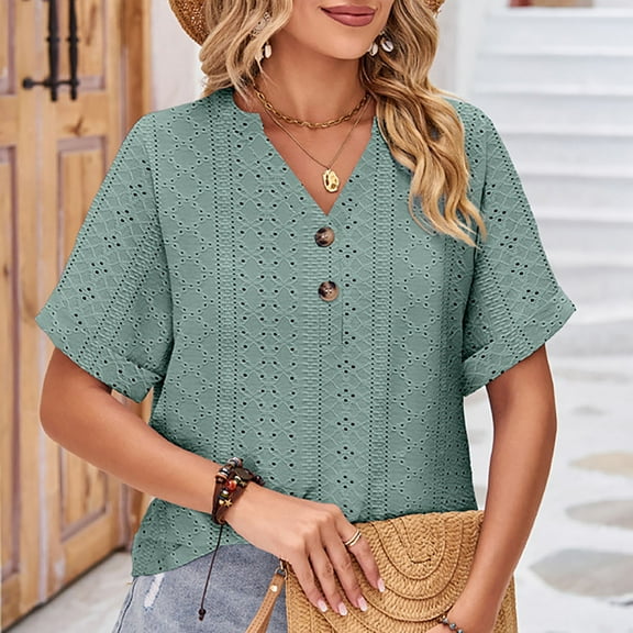 Summer Saving Wycnly Womens Blouses and Tops Dressy Casual Button up Hollowed Going out Comfy Lightweight Tshirts Summer Solid V-Neck Short Sleeve Cute Tees Tops Green m