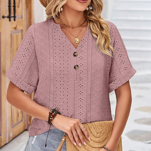 Summer Saving Wycnly Womens Blouses and Tops Dressy Casual Button up Hollowed Going out Comfy Lightweight Tshirts Summer Solid V-Neck Short Sleeve Cute Tees Tops Pink s