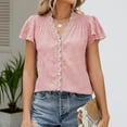 thumbnail image 1 of Summer Saving Wycnly Womens Blouses and Tops Dressy Casual Lace Trim Ruffle Sleeve Lightweight Button Down Tshirts Summer Solid V-Neck Short Sleeve Cute Tees Tops Pink XXL, 1 of 6