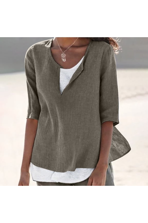 Summer Saving Wycnly Womens Blouses and Tops Dressy Casual Solid Plus Size Soft Breathable Cotton Linen Tshirts Summer Plain V-Neck Elbow-Length Cute Tees Tops Gray XXXXXL