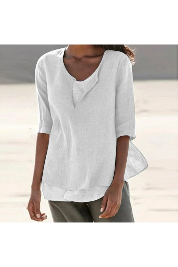 Summer Saving Wycnly Womens Blouses and Tops Dressy Casual Solid Plus Size Soft Breathable Cotton Linen Tshirts Summer Plain V-Neck Elbow-Length Cute Tees Tops White l