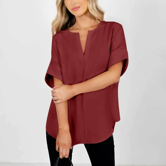 Summer Saving Wycnly Womens Blouses and Tops Dressy Comfy Lightweight Loose Fit Casual Pullover Tshirts Summer Solid V-Neck Short Sleeve Cute Tees Tops Wine l