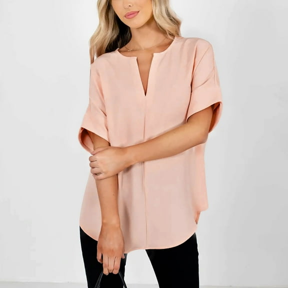 Summer Saving Wycnly Womens Blouses and Tops Dressy Comfy Lightweight Loose Fit Casual Pullover Tshirts Summer Solid V-Neck Short Sleeve Cute Tees Tops Pink m