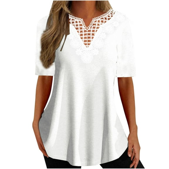 Wycnly Womens Blouses and Tops Dressy Elegant Lace Patchwork Lightweight Pullover Tunic Shirts Summer Solid V-Neck Short Sleeve Cute Tees Tops White XXL