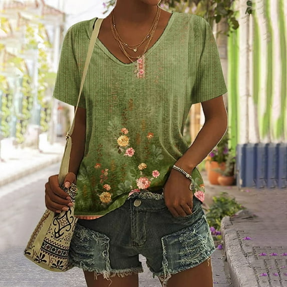 Summer Saving Wycnly Womens Blouses and Tops Dressy Fashion Going out Loose Fit Comfy Lightweight Ladies Tshirts Summer Floral V-Neck Short Sleeve Cute Tees Tops Army Green XL