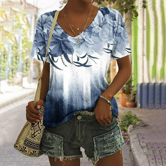 Summer Saving Wycnly Womens Blouses and Tops Dressy Fashion Going out Loose Fit Comfy Lightweight Ladies Tshirts Summer Floral V-Neck Short Sleeve Cute Tees Tops Navy m