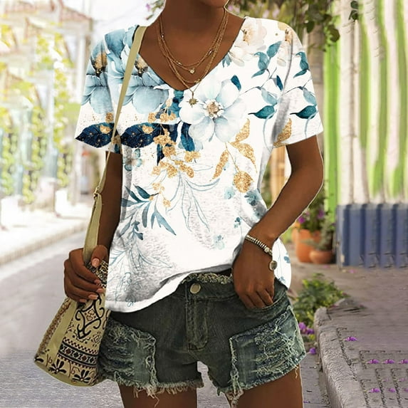 Summer Saving Wycnly Womens Blouses and Tops Dressy Fashion Going out Loose Fit Comfy Lightweight Ladies Tshirts Summer Floral V-Neck Short Sleeve Cute Tees Tops White l