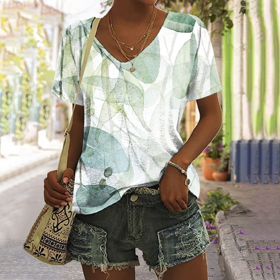 Summer Saving Wycnly Womens Blouses and Tops Dressy Fashion Going out Loose Fit Comfy Lightweight Ladies Tshirts Summer Floral V-Neck Short Sleeve Cute Tees Tops Light Blue l