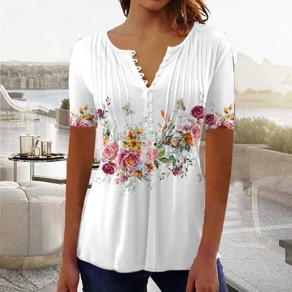 Summer Saving Wycnly Womens Blouses and Tops Dressy Fashion Single Breasted Smocked Lightweight Tunic Shirts 2024 Summer V-Neck Short Sleeve Floral Print Casual Blouses White XXL