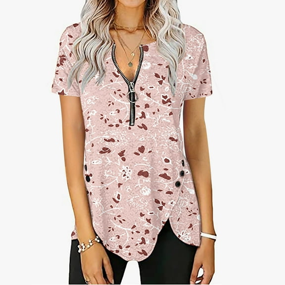 Wycnly Womens Blouses and Tops Dressy Going out Casual Quarter Zipper Irregular Hem Tunic Shirts Summer Floral V-Neck Short Sleeve Cute Tees Tops Pink XL