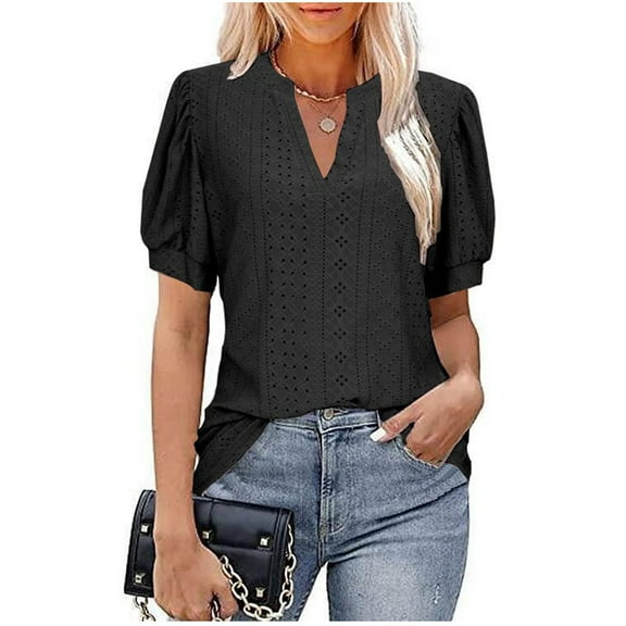 Summer Saving Wycnly Womens Blouses and Tops Dressy Going out Fashion Puff Sleeve Hollow out Loose Fit Tshirts Summer Solid V-Neck Short Sleeve Cute Tees Tops Black s