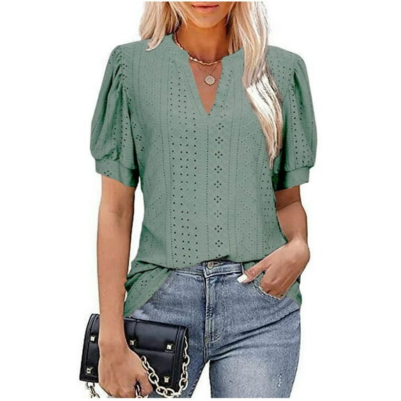 Summer Saving Wycnly Womens Blouses and Tops Dressy Going out Fashion Puff Sleeve Hollow out Loose Fit Tshirts Summer Solid V-Neck Short Sleeve Cute Tees Tops Army Green l