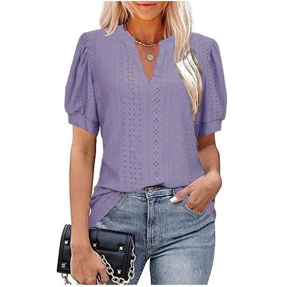 Summer Saving Wycnly Womens Blouses and Tops Dressy Going out Fashion Puff Sleeve Hollow out Loose Fit Tshirts Summer Solid V-Neck Short Sleeve Cute Tees Tops Purple XL
